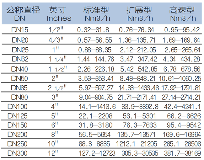 DN15熱式氣體質量流量計流量范圍表